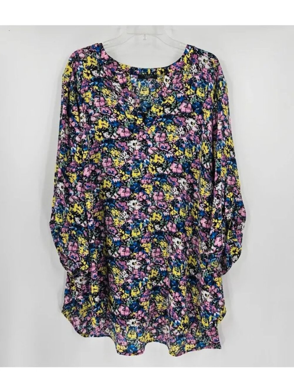 Tahari Woman 3X Multicolor Floral Split Neck Long Sleeve Blouse